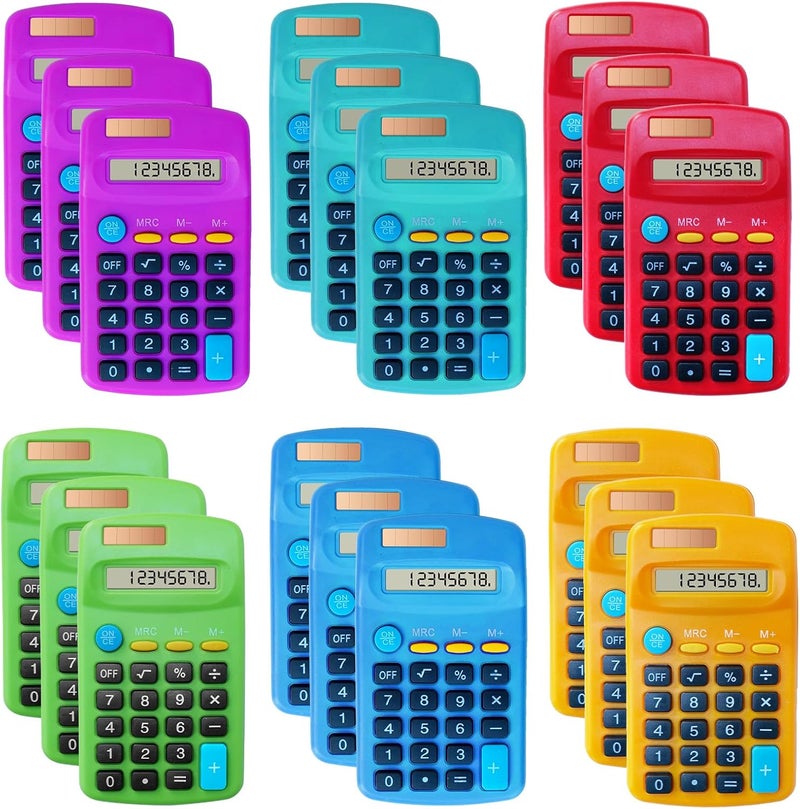 DUFCUSPH 18 Pack Basic Calculators for Students, Pocket Calculator Bulk Classroom Mini Calculators Solar and Battery Dual Powered Handheld Calculator 8 Digit Display for Office School and Home (Colorful) - Image 1